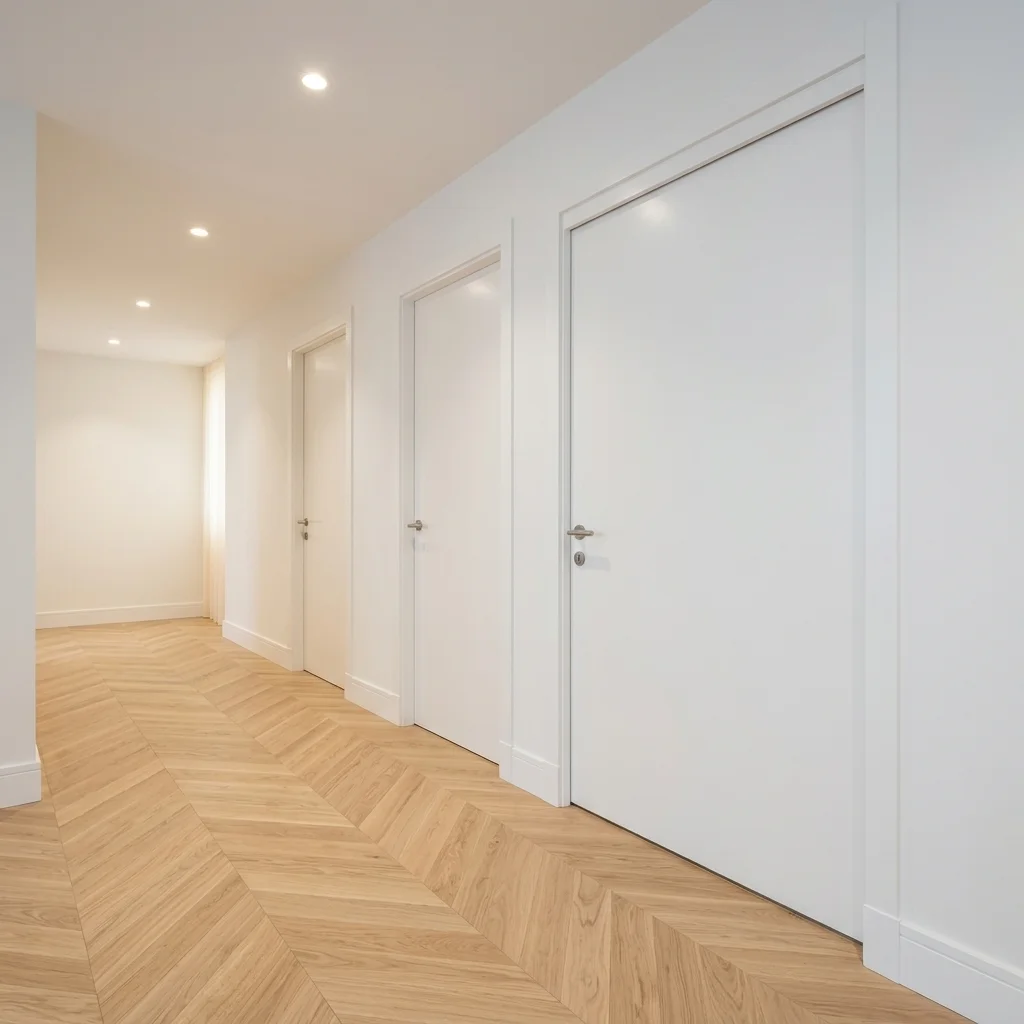 Pasillo amb parquet laminat i portes blanques